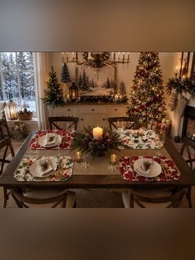 Reversible Set of 4 Placemats Poinsettia One Side Birds on Reverse Beautiful!